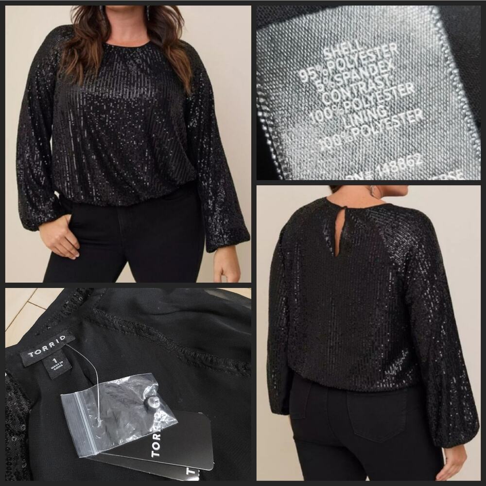 Torrid Black Sequin Bubble Hem Blouse Size 1 - Picture 5 of 11